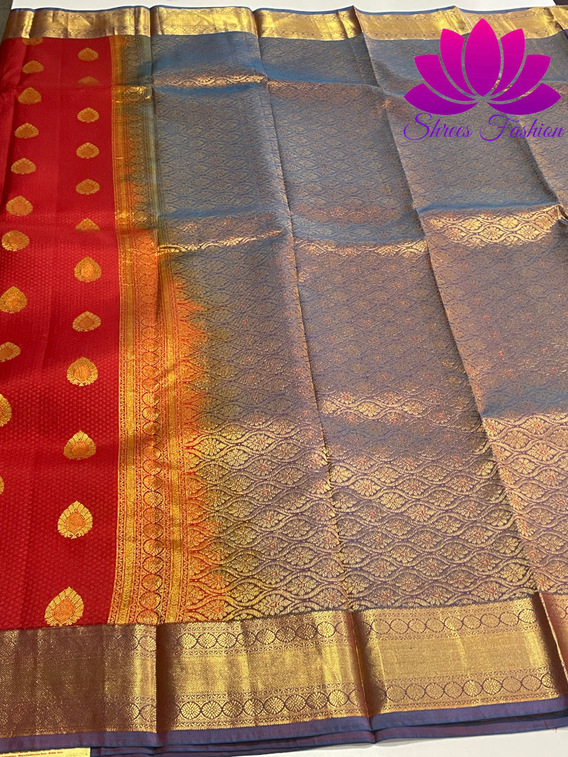 Red with Violet Colour Gold Zari Design Kanchipuram Silk Saree - Shrees  Fashion Australia