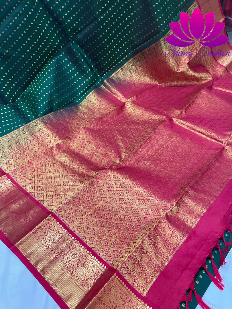 Bottle Green With Red Colour Combinations Dotted Design Kanchipuram Silk Saree - Shrees  Fashion Australia