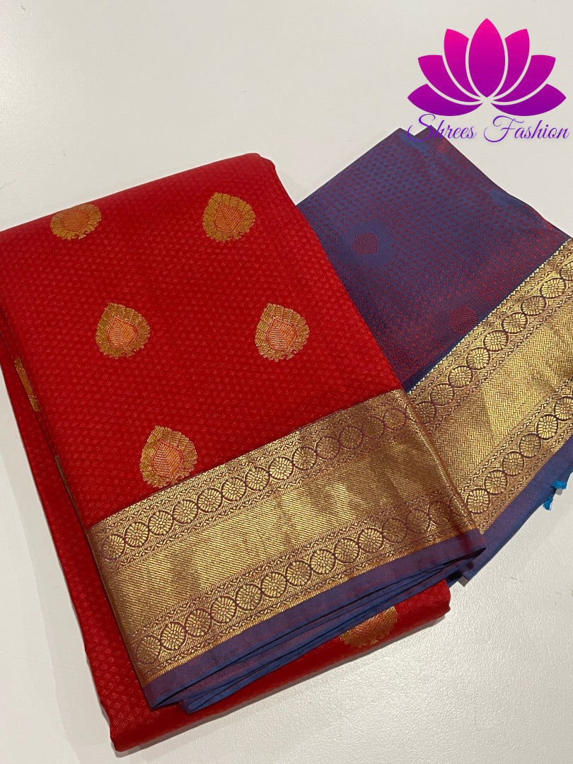 Red with Violet Colour Gold Zari Design Kanchipuram Silk Saree - Shrees  Fashion Australia