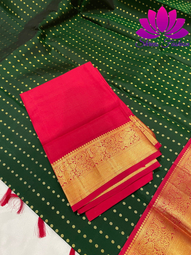 Bottle Green With Red Colour Combinations Dotted Design Kanchipuram Silk Saree - Shrees  Fashion Australia