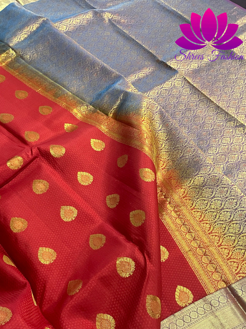 Red with Violet Colour Gold Zari Design Kanchipuram Silk Saree - Shrees  Fashion Australia