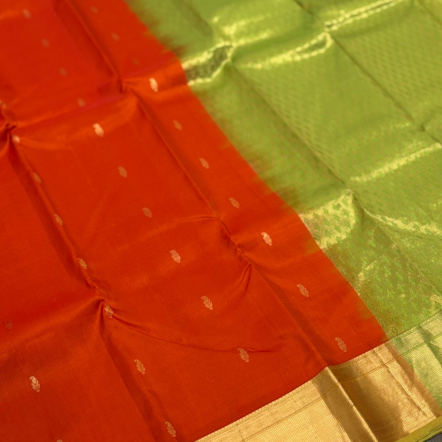 Vibrant Orange and Parrot Green Kanchipuram Silk Saree