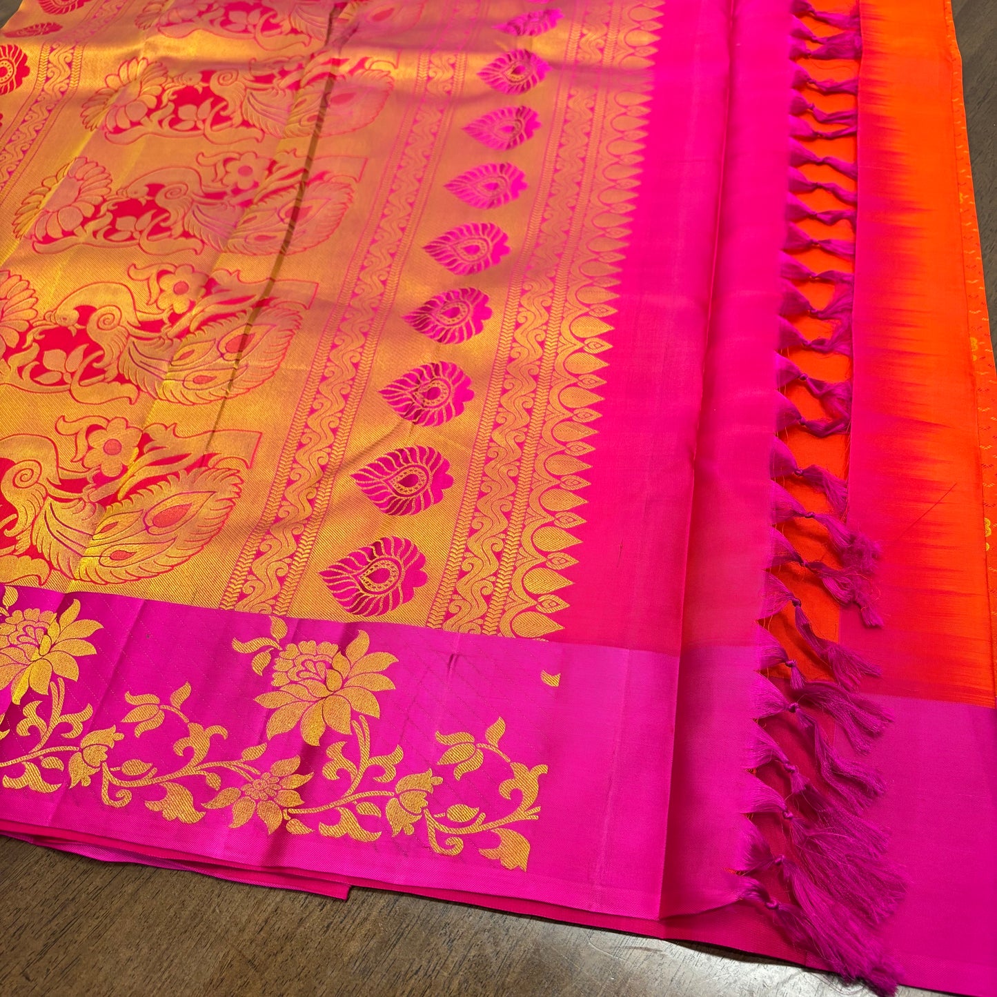 Radiant Orange and Magenta Kanchipuram Silk Saree