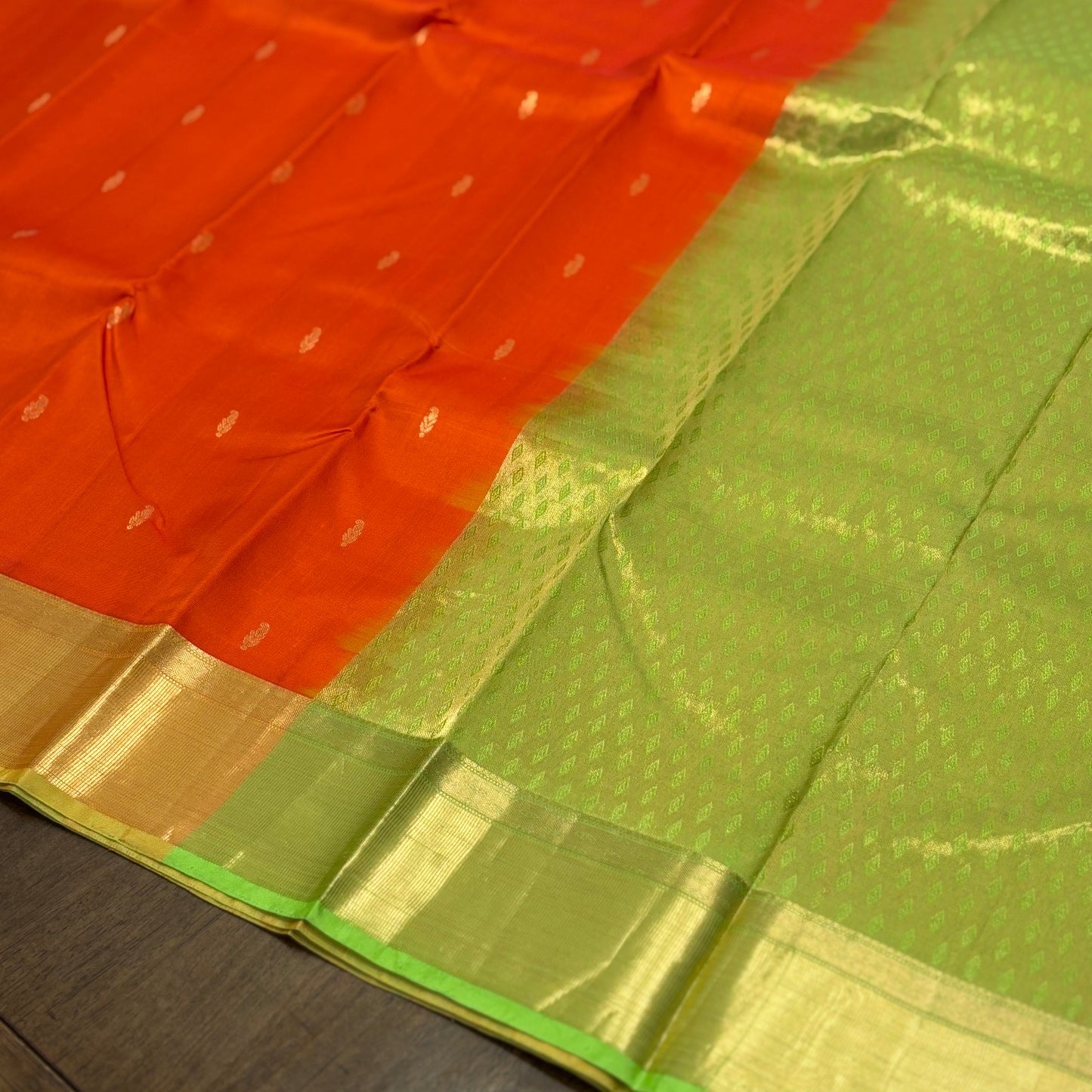 Vibrant Orange and Parrot Green Kanchipuram Silk Saree