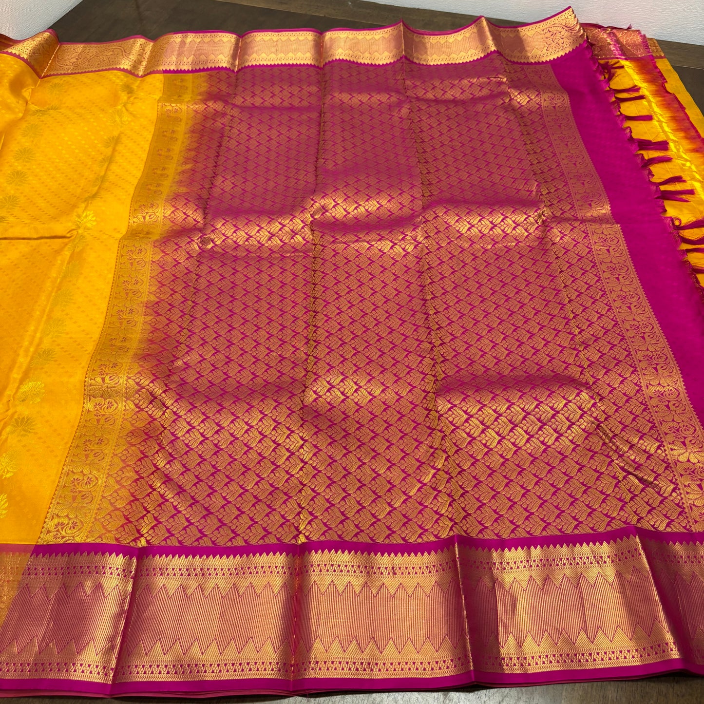 Vibrant Yellow and Pink Kanchipuram Silk Saree