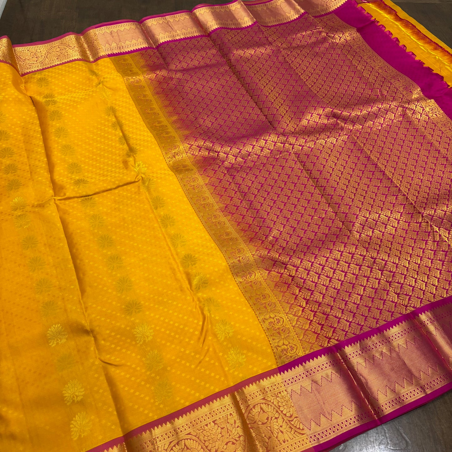 Vibrant Yellow and Pink Kanchipuram Silk Saree