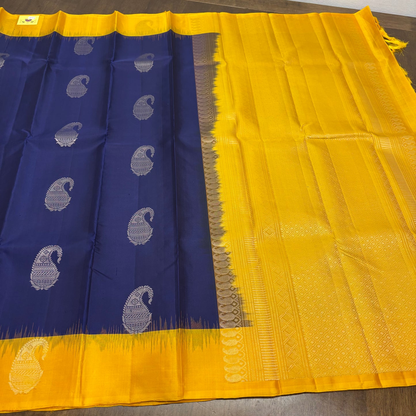 Regal Dark Blue and Yellow Kanchipuram Silk Saree with Silver Zari Work