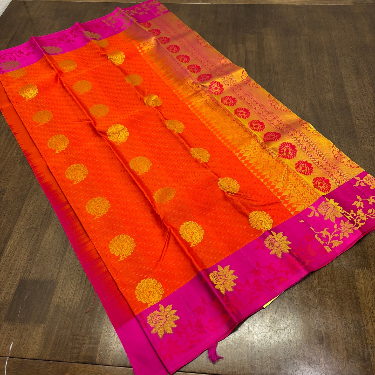 Radiant Orange and Magenta Kanchipuram Silk Saree