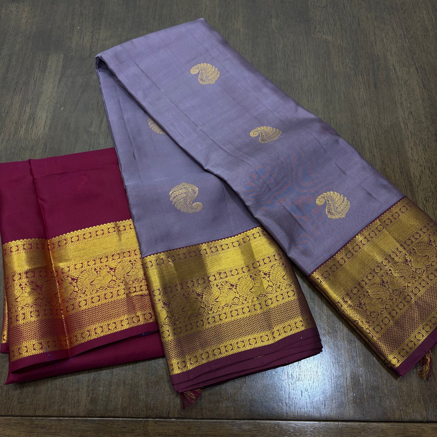 Elegant Pastel Purple and Maroon Kanchipuram Silk Saree