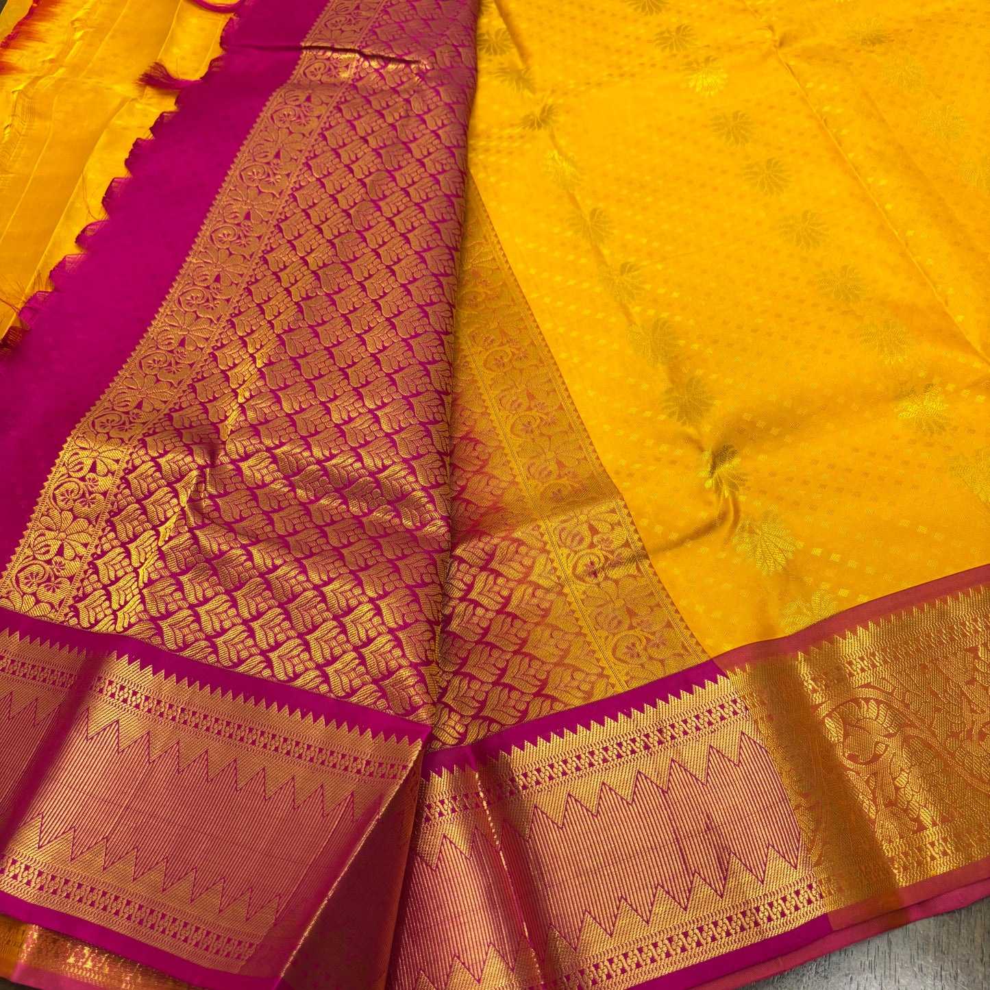 Vibrant Yellow and Pink Kanchipuram Silk Saree