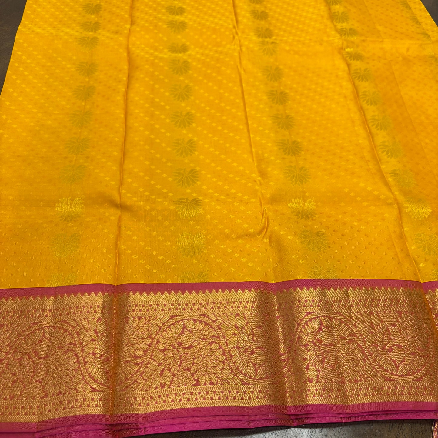 Vibrant Yellow and Pink Kanchipuram Silk Saree