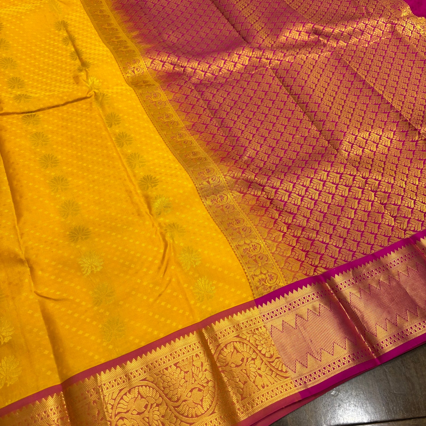 Vibrant Yellow and Pink Kanchipuram Silk Saree