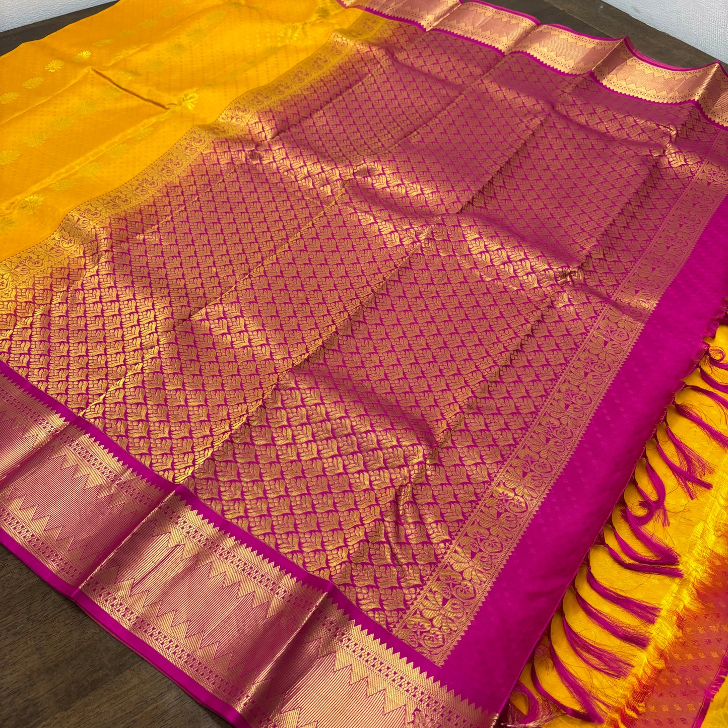 Vibrant Yellow and Pink Kanchipuram Silk Saree