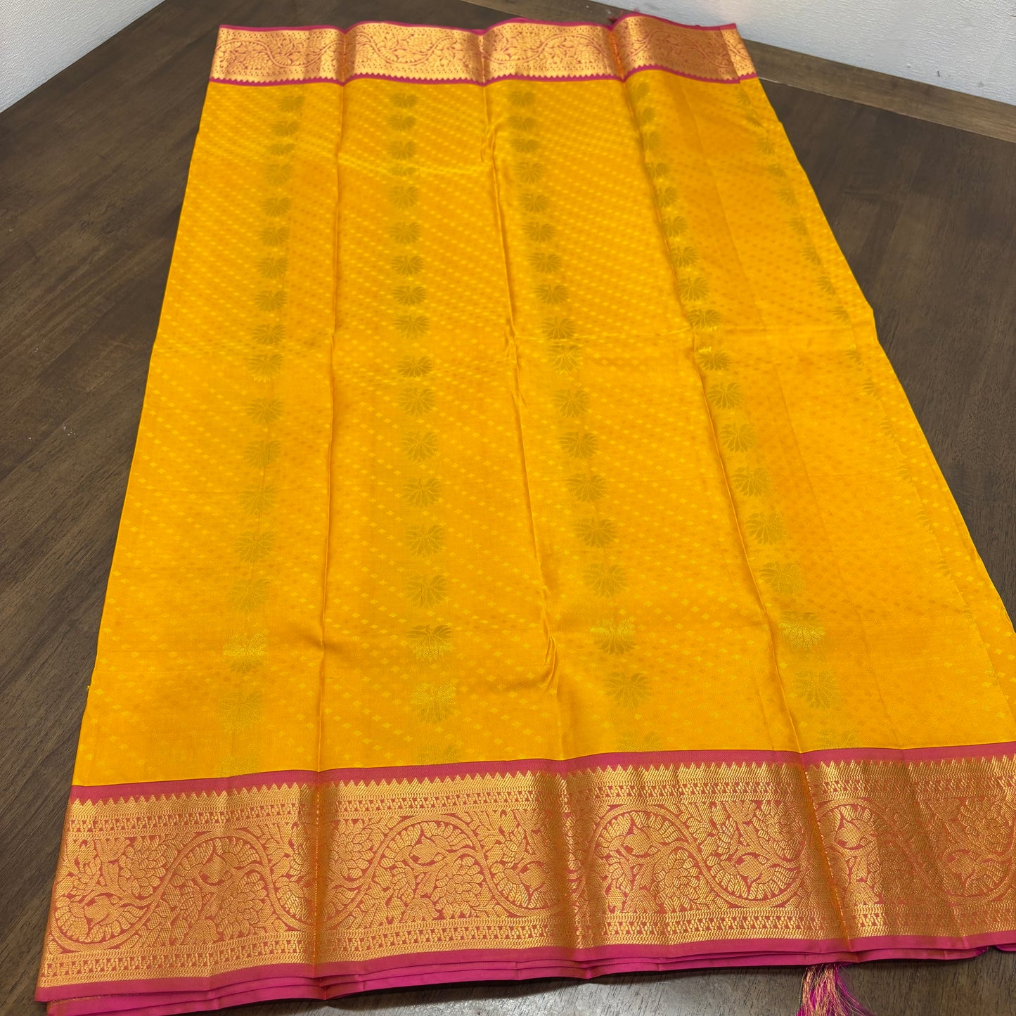 Vibrant Yellow and Pink Kanchipuram Silk Saree