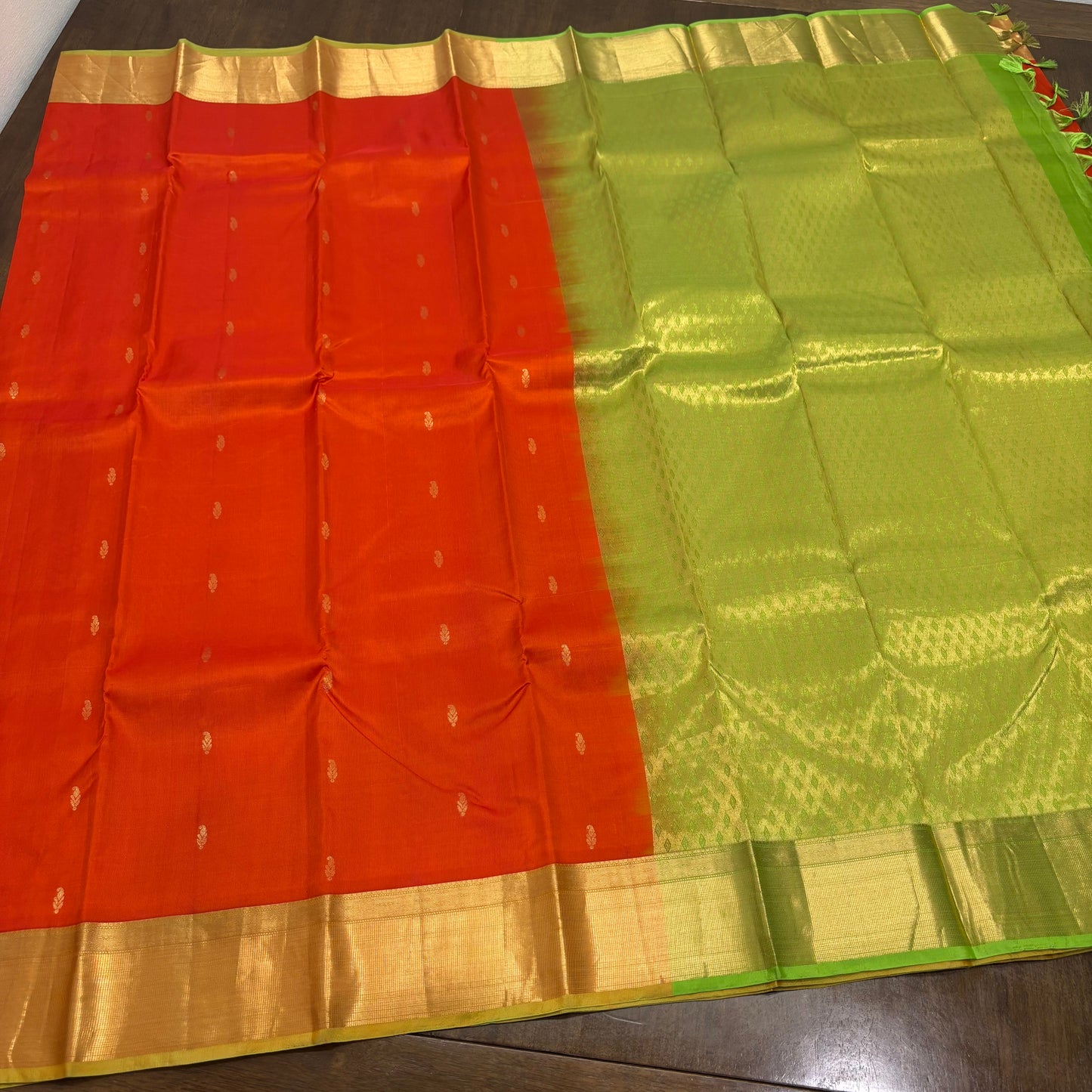 Vibrant Orange and Parrot Green Kanchipuram Silk Saree