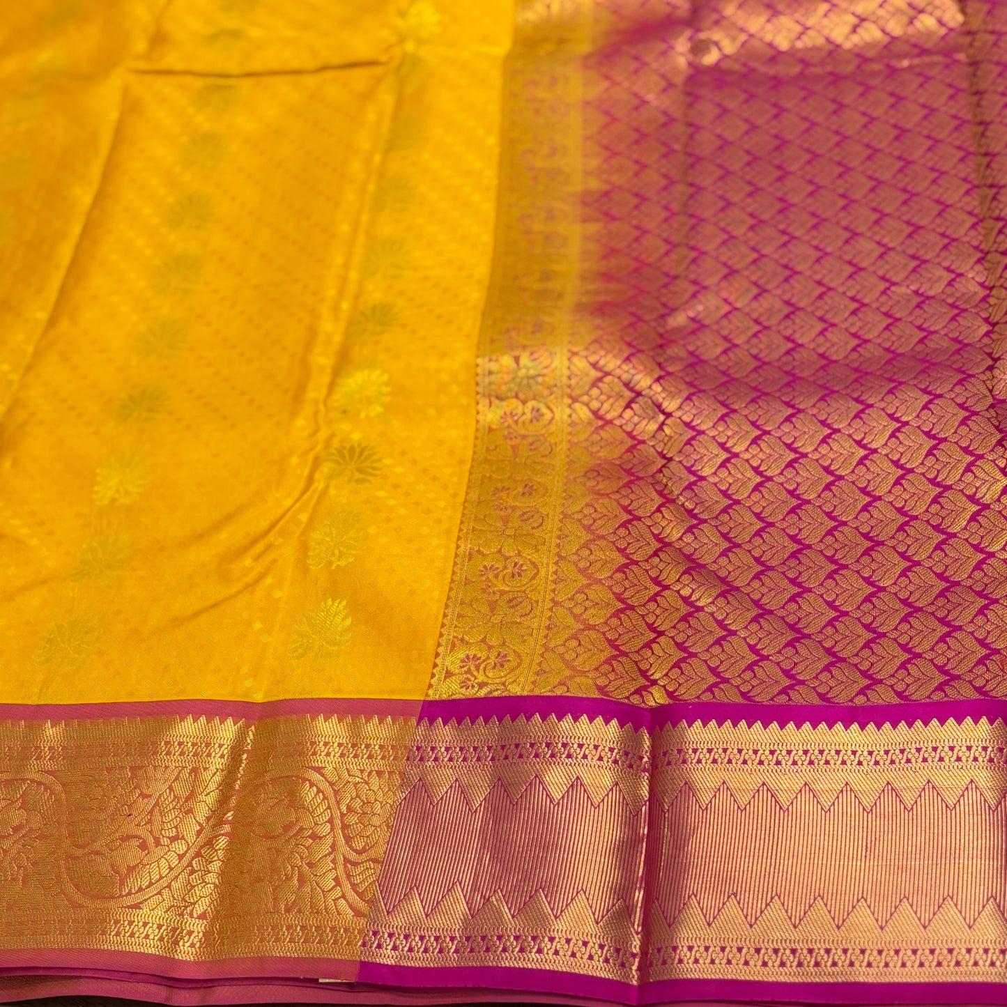 Vibrant Yellow and Pink Kanchipuram Silk Saree