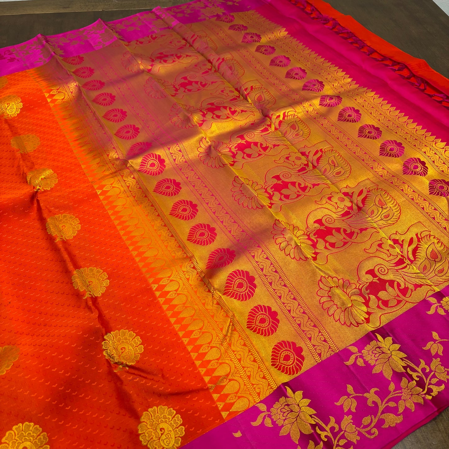 Radiant Orange and Magenta Kanchipuram Silk Saree