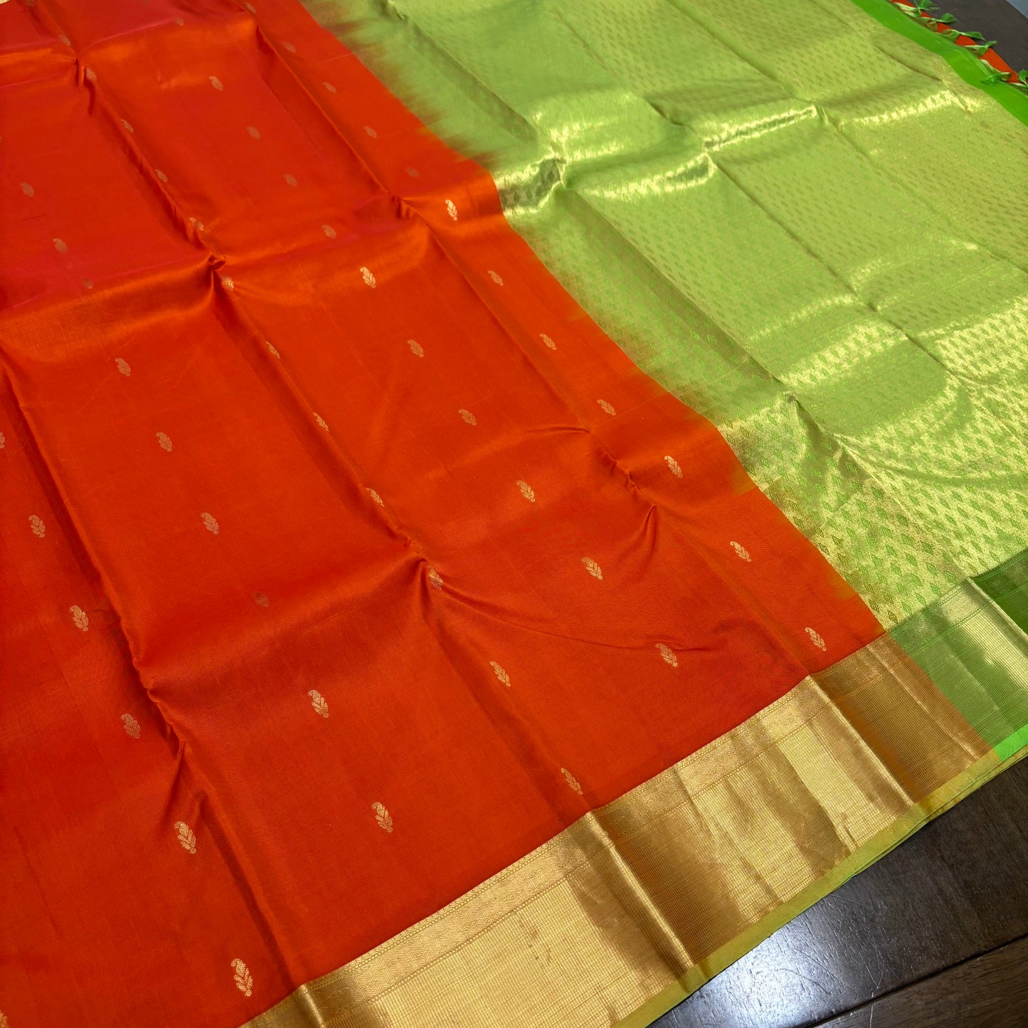 Vibrant Orange and Parrot Green Kanchipuram Silk Saree