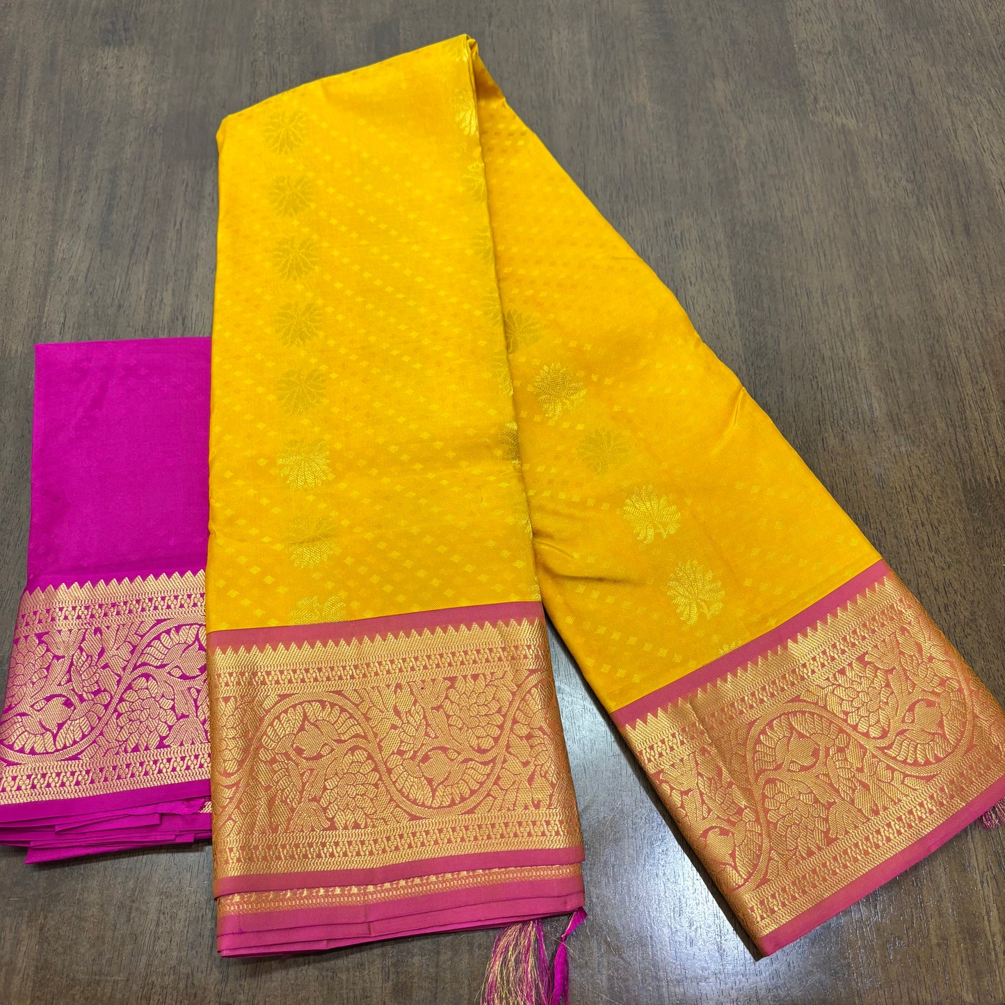 Vibrant Yellow and Pink Kanchipuram Silk Saree