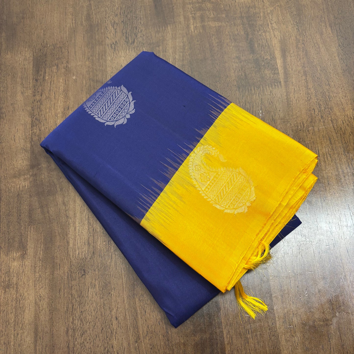 Regal Dark Blue and Yellow Kanchipuram Silk Saree with Silver Zari Work