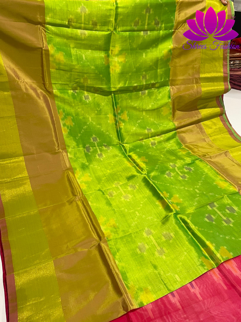 Parrot Elegance: Pochampalli Semi-Silk Saree in Parrot Green and Pink