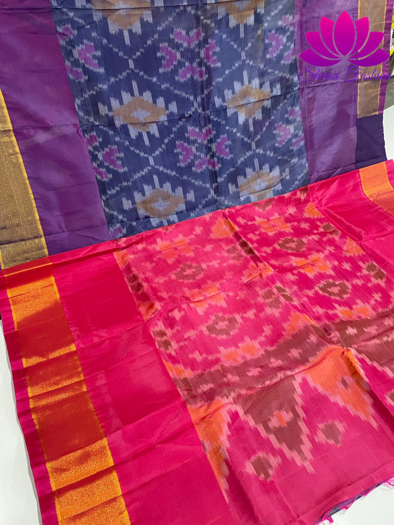 Blissful Harmony: Blue and Pink Pochampalli Semi-Silk Saree