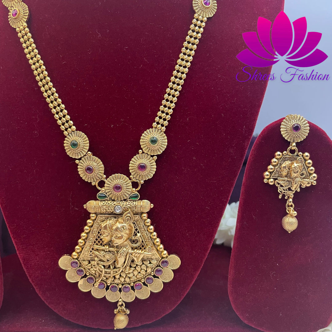 Divine Harmony: Matte Finish Haram with Radiant Radha Krishna Pendant