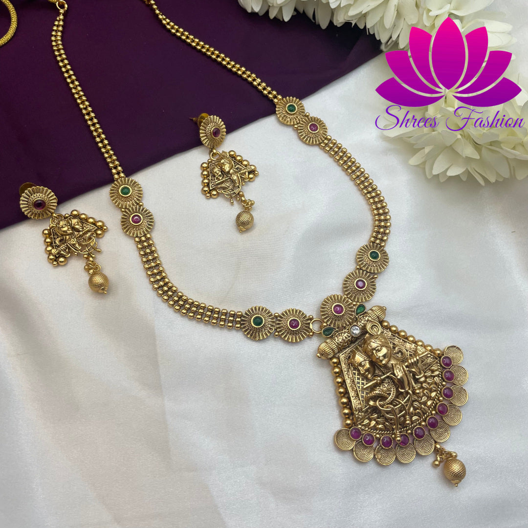 Divine Harmony: Matte Finish Haram with Radiant Radha Krishna Pendant