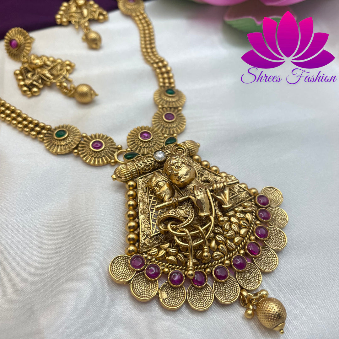 Divine Harmony: Matte Finish Haram with Radiant Radha Krishna Pendant