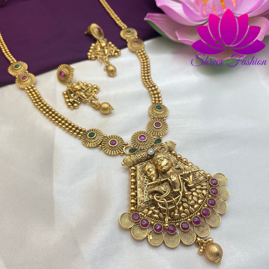 Divine Harmony: Matte Finish Haram with Radiant Radha Krishna Pendant