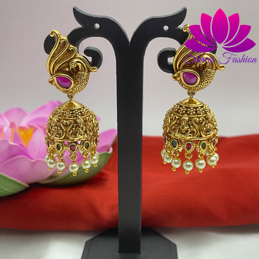 Majestic Radiance: Matte Finish Peacock Design Jhumka