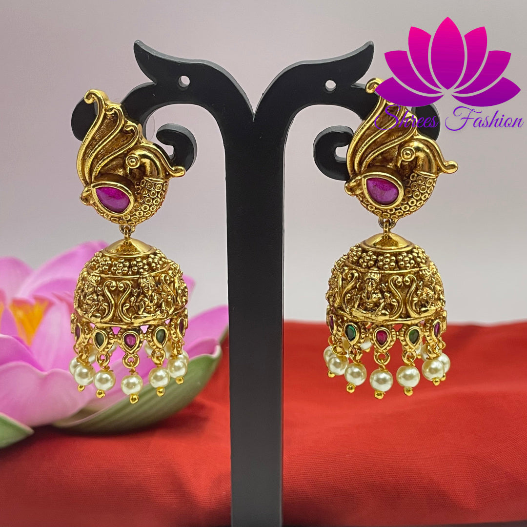 Majestic Radiance: Matte Finish Peacock Design Jhumka