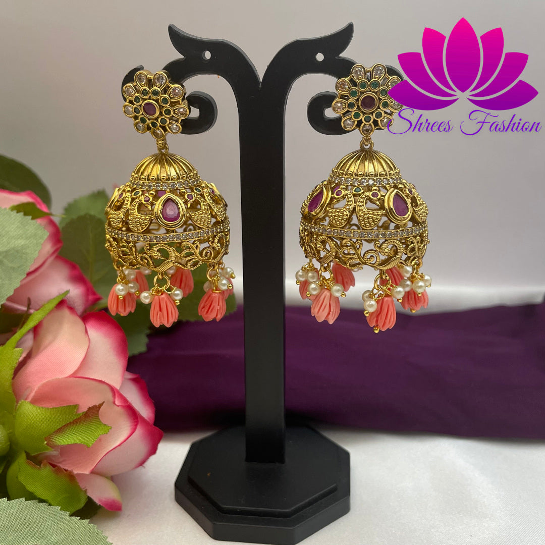 Sophisticated Blush: Matte Finish Jhumka with Pink Beads