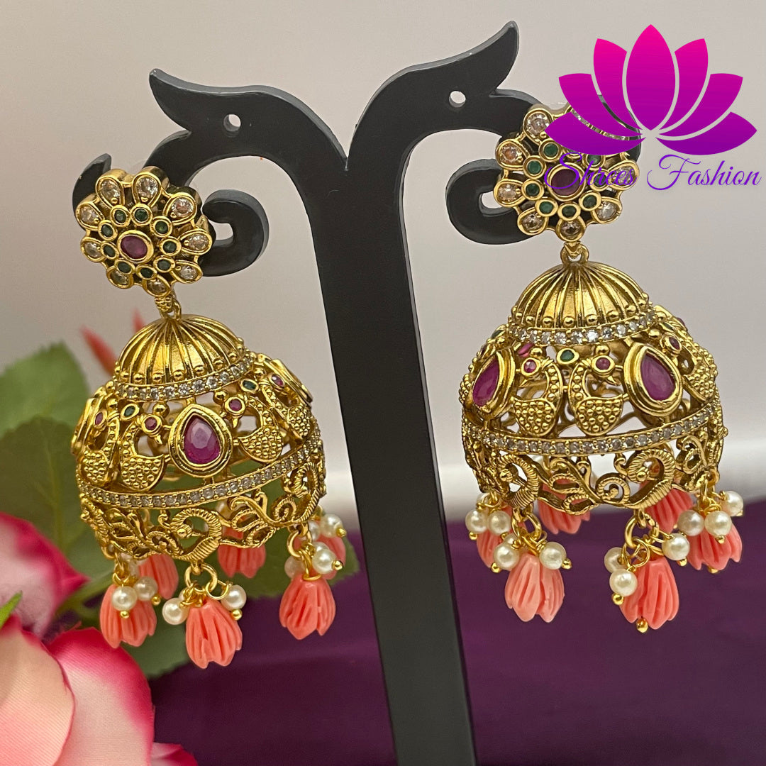 Sophisticated Blush: Matte Finish Jhumka with Pink Beads