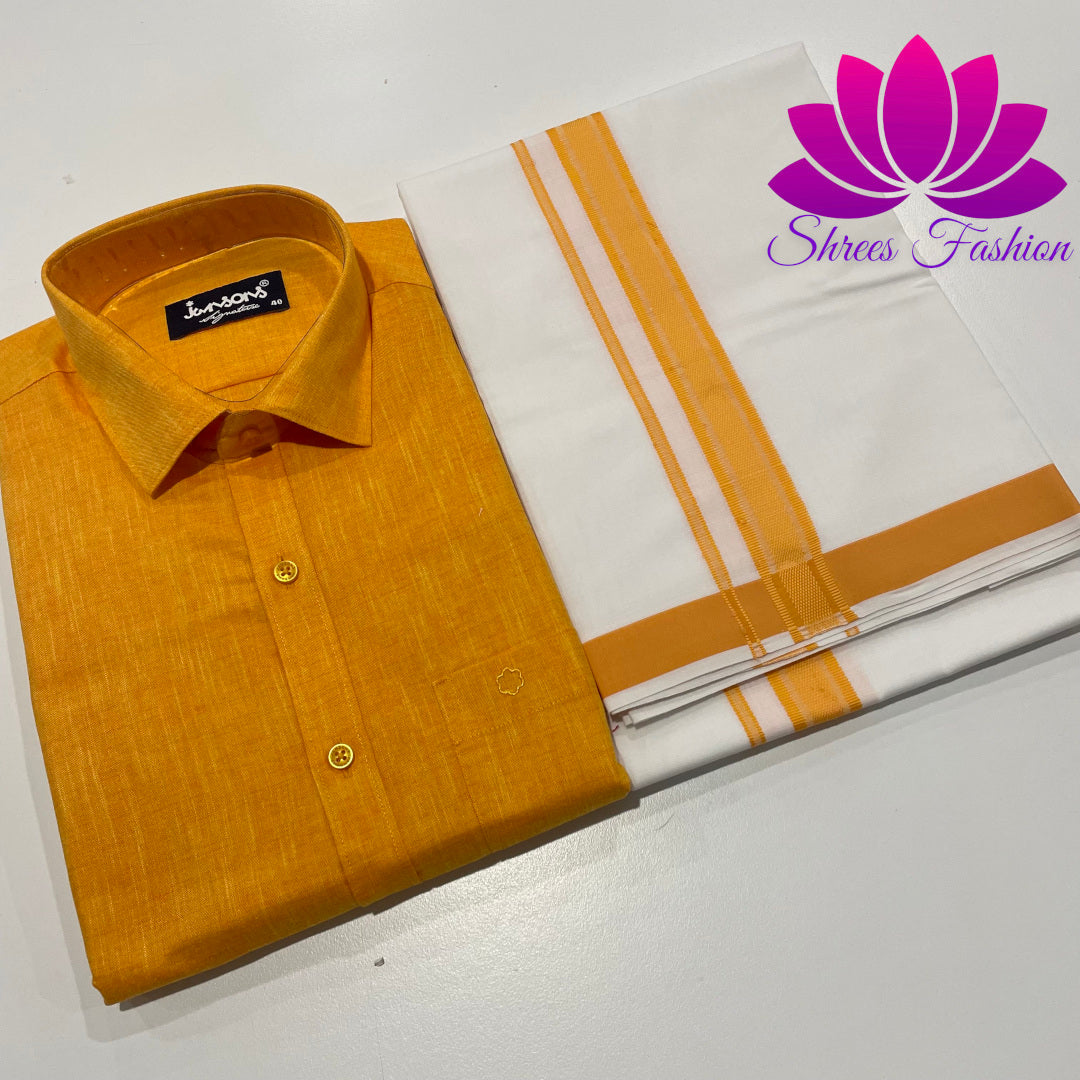 Sunlit Elegance: Yellow Shirt Paired with Classic Veshti/Dhoti Ensemble