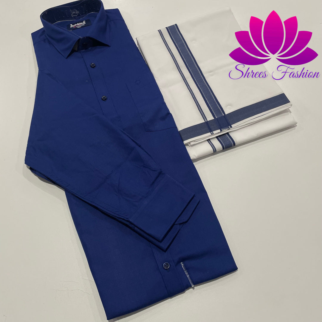 Sapphire Sophistication: Blue Shirt Paired with Classic Veshti/Dhoti Ensemble