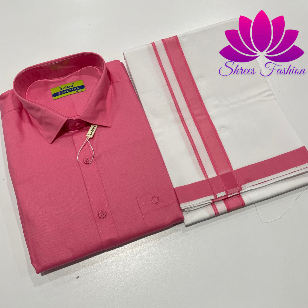 Roseate Elegance: Pink Shirt Paired with Timeless Veshti/Dhoti Ensemble