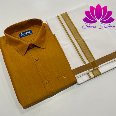 Gilded Opulence: Goldish Shirt Paired with Classic Veshti/Dhoti Ensemble