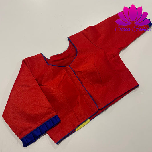 Crimson Azure: Red Blouse with Blue Piping and Back Embroidery