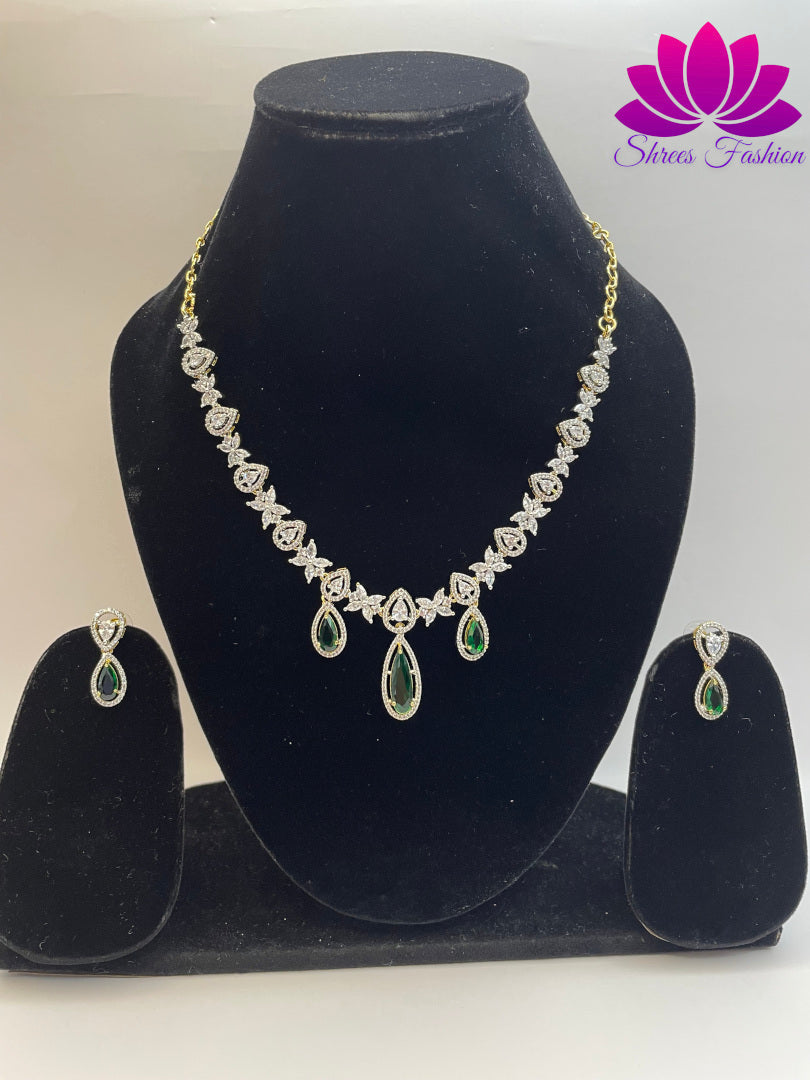 Blossom Brilliance Flower Design American Diamond Necklace with Central Green Stone Accent