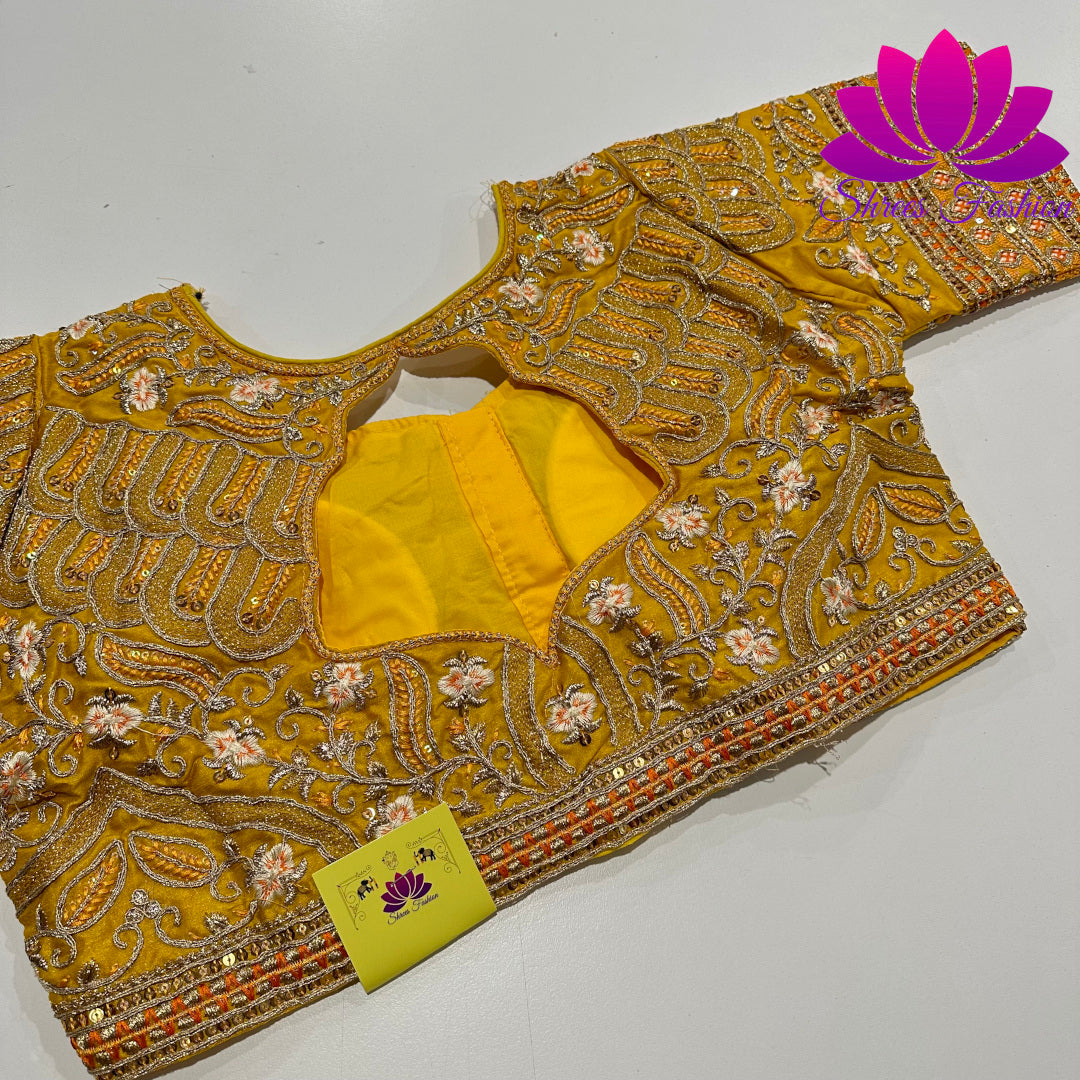 Sunshine Elegance: Yellow Blouse with All-Over Design Work