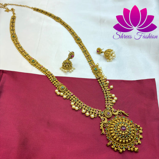 Golden Radiance: Matte Gold Long Haram with Kemp Stone Adorned Round Pendant"