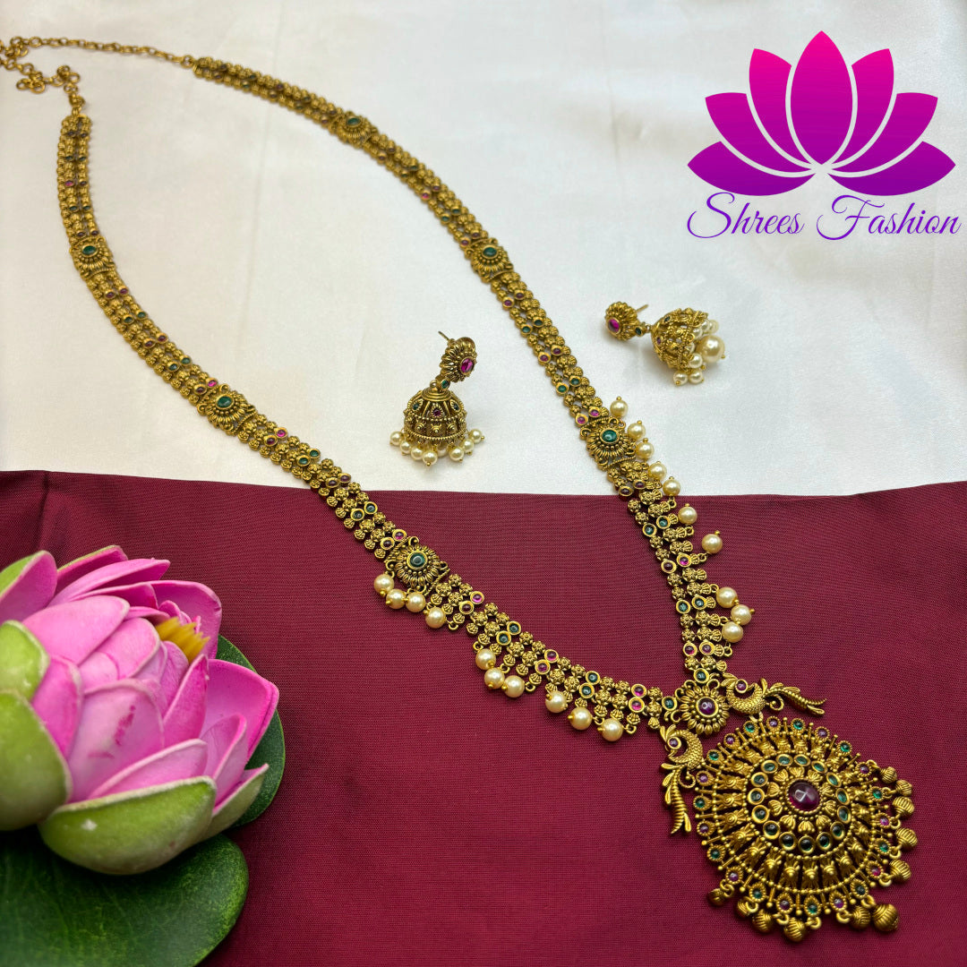 Golden Radiance: Matte Gold Long Haram with Kemp Stone Adorned Round Pendant"