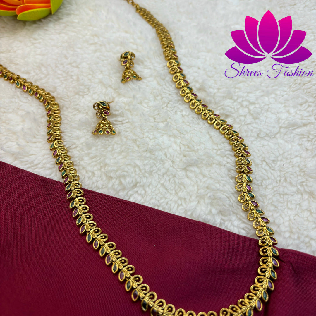 Regal Radiance: Matte Gold Kempu Stone Long Haram"