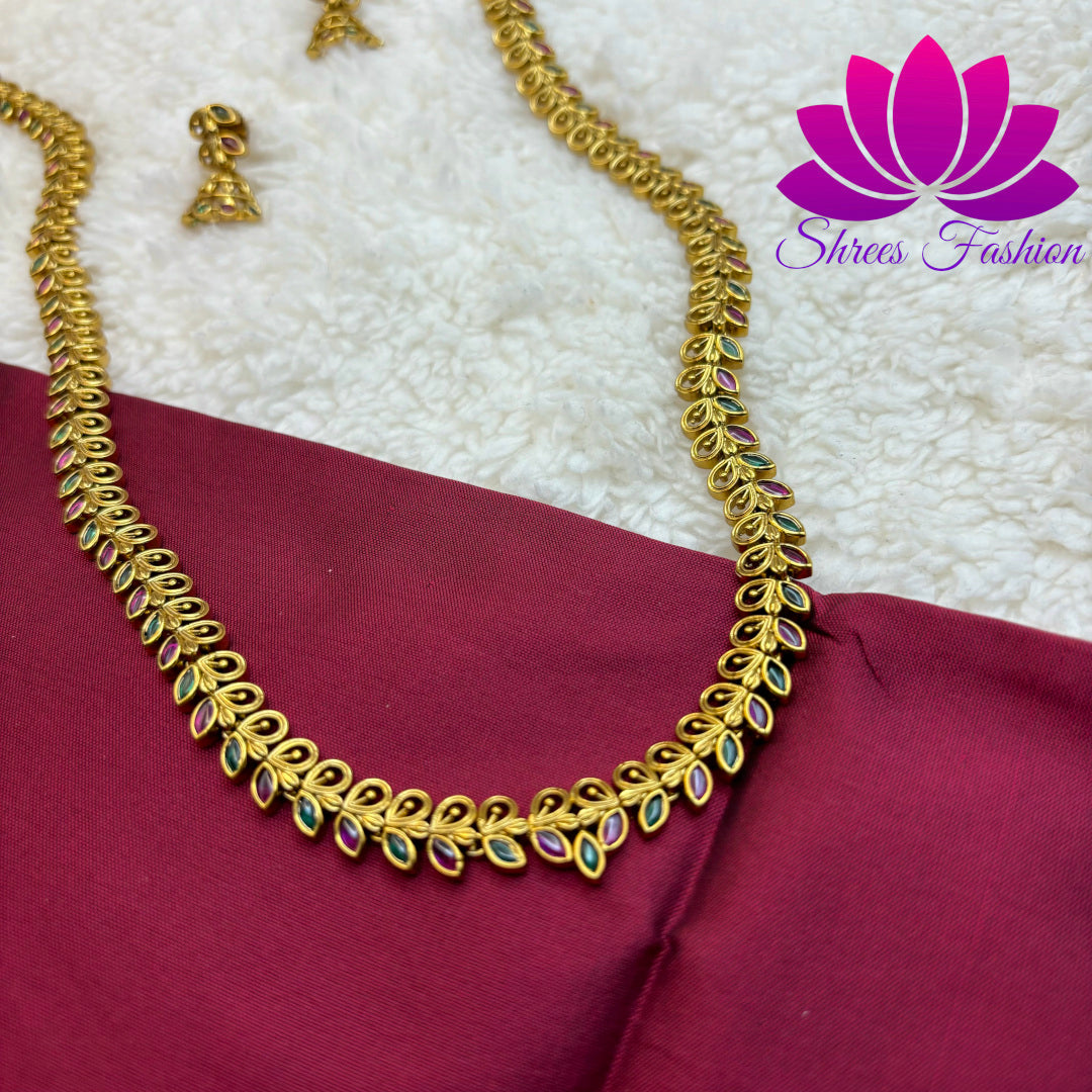 Regal Radiance: Matte Gold Kempu Stone Long Haram"