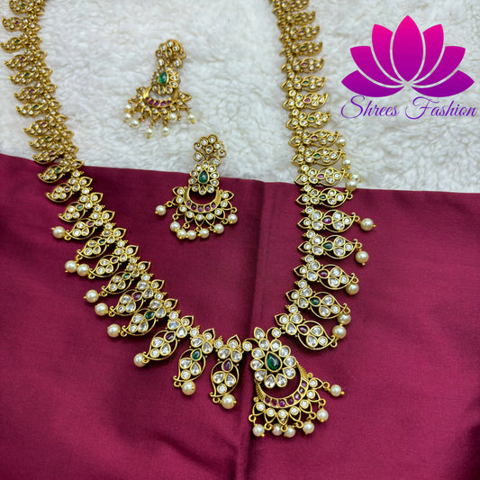 Exquisite Kemp and Cubic Zirconia Stones Long Haram with Chandbali Pendant and Earrings