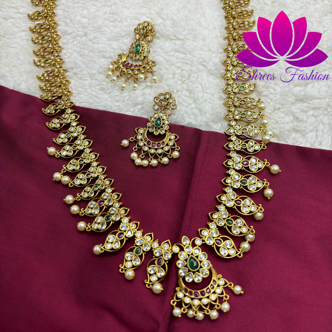 Exquisite Kemp and Cubic Zirconia Stones Long Haram with Chandbali Pendant and Earrings