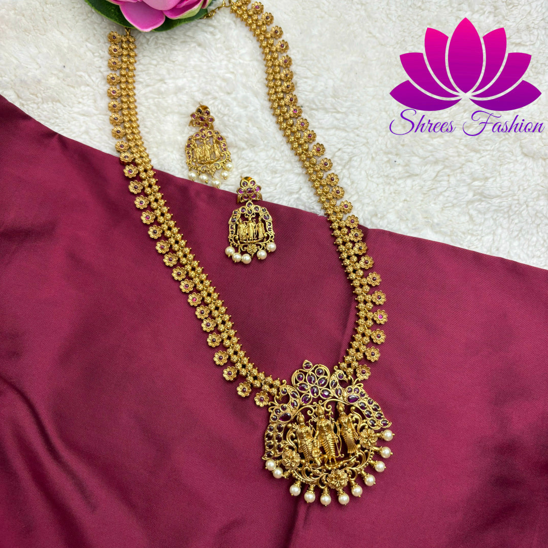 Matte Gold Finish Rama Parivar Temple Design Long Haram