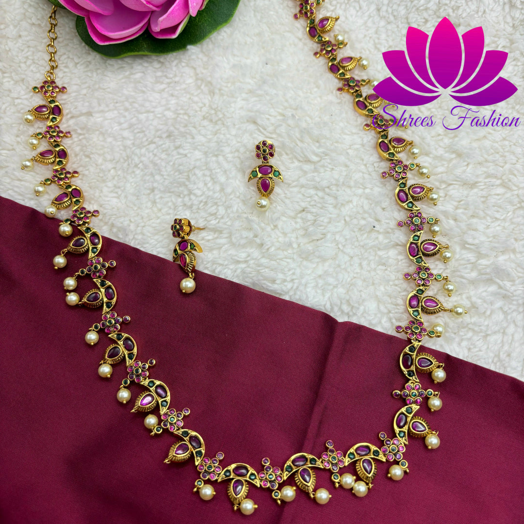 Rosy Elegance: Matte Gold Long Haram with Pink Kempu Stones and Pearls"