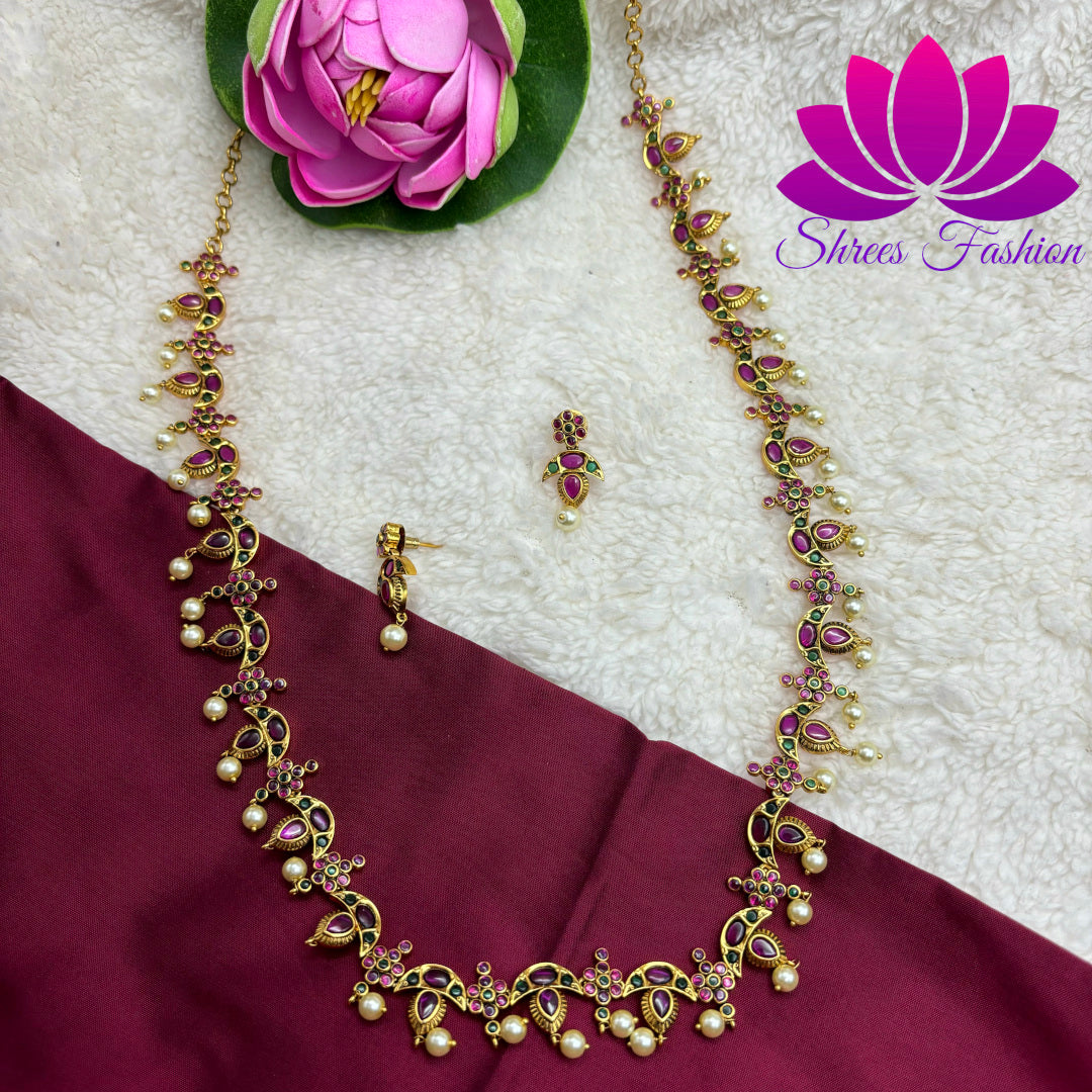 Rosy Elegance: Matte Gold Long Haram with Pink Kempu Stones and Pearls"